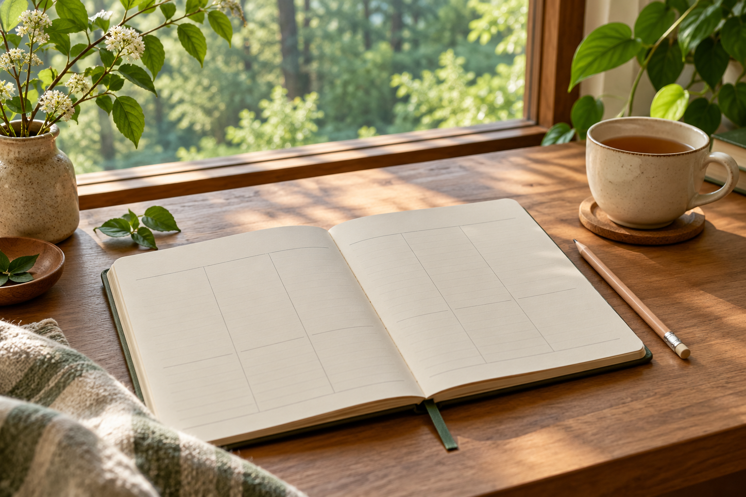 Agenda abierta y una taza sobre una mesa de madera junto a plantas